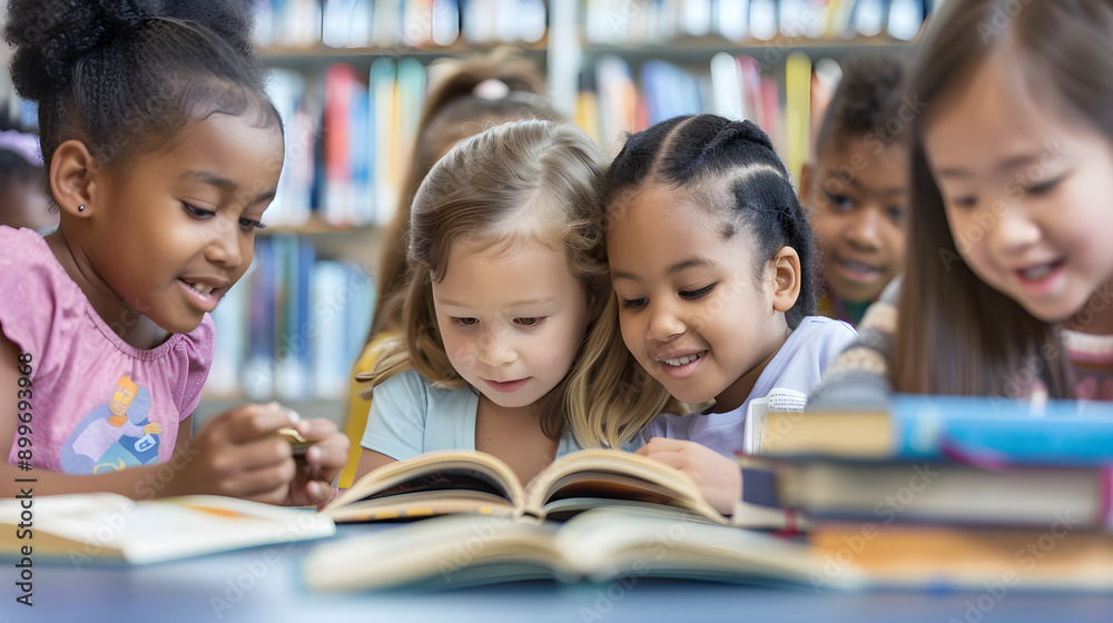 a group of young children is seen enthusiastically engaged in reading books in a cozy library setting