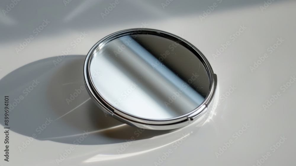 Round pocket mirror with a chrome finish is resting on a white surface, reflecting the sunlight from a nearby window Round pocket mirror with a chrome finish is resting on a white surface, reflecting the sunlight from a nearby window