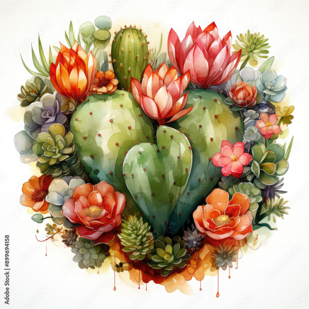 Obraz premium Watercolor Cactus Heart, clipart Illustration, Generative Ai