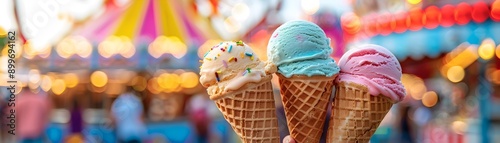 Colorful Summer Fair with Family Enjoying Ice Cream Cones and Carnival Rides in the Background photo