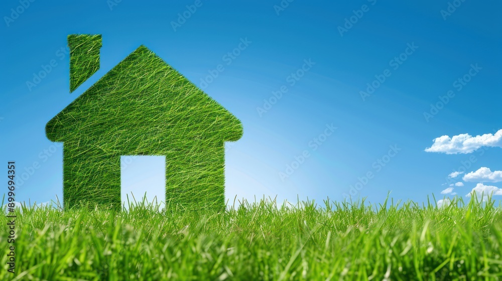 Green house shape made from grass with blue sky background concept of real estate investment, home ownership, sustainable property investment Green house shape made from grass with blue sky background concept of real estate investment, home ownership, sustainable property investment