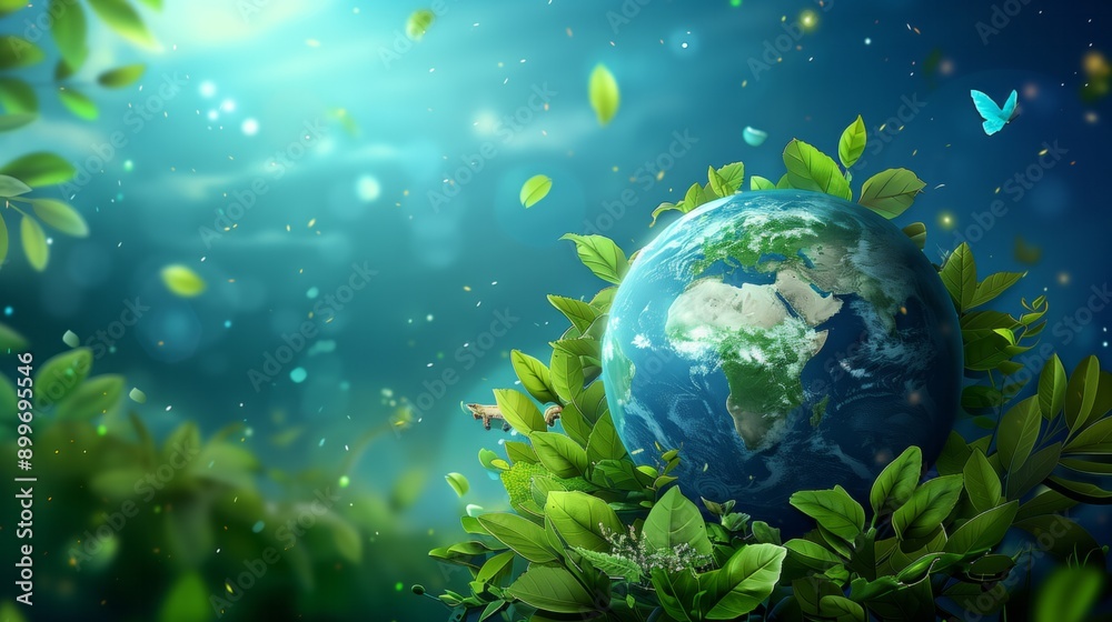 Ecological Planet: Planet Earth on a green and blue background with plant leaves, space for writing. Ecological Planet: Planet Earth on a green and blue background with plant leaves, space for writing.
