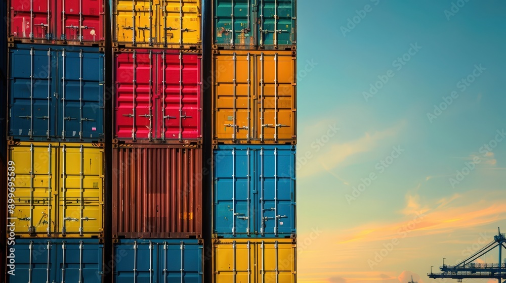 Fototapeta premium Vibrant view of stacked shipping containers against a colorful sky, showcasing structure and industrial beauty in logistics.