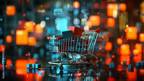 Online Stores Concept: Shopping Cart and Laptop Illustration