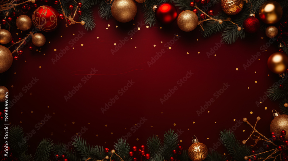 Festive Red Christmas Background With Golden And Red Ornaments And Pine Branches Festive Red Christmas Background With Golden And Red Ornaments And Pine Branches