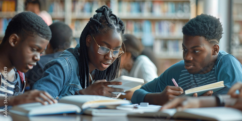 A group of african students are studying together in a library.