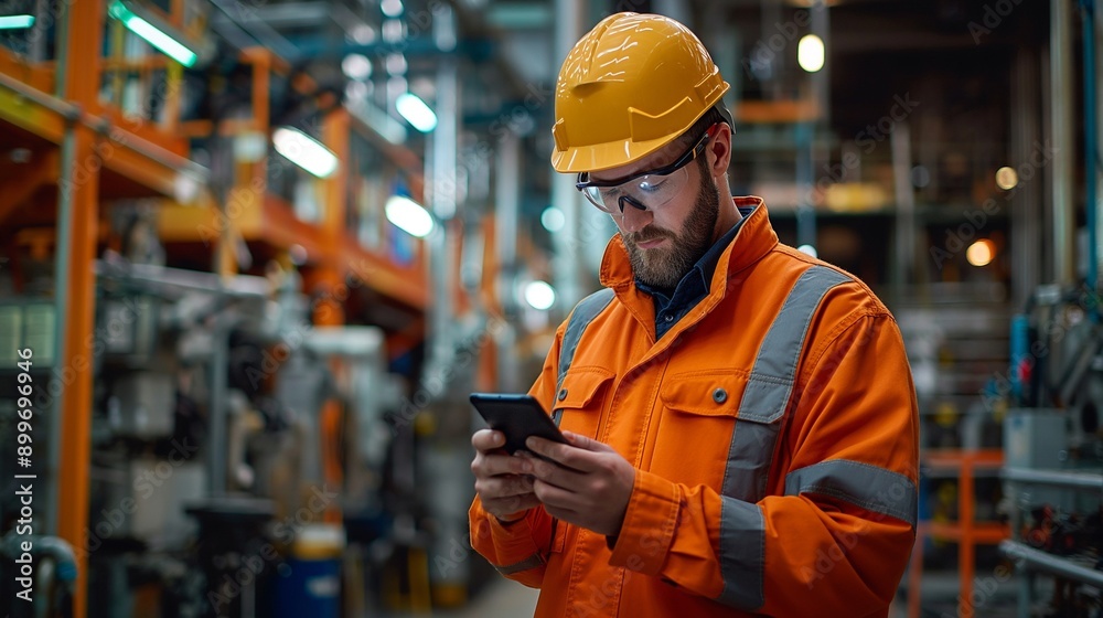 Employee wearing IoT device, tracking work progress, industrial Employee wearing IoT device, tracking work progress, industrial