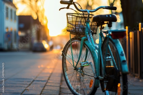 Close-up of a vintage bicycle with a basket, standing on a city street during sunset, creating a warm and nostalgic urban atmosphere. photo