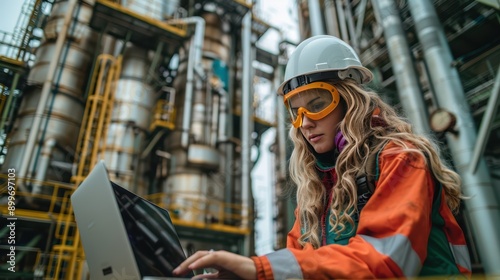 Female Technician in Safety Gear Checking Systems at Gas Refinery with Steel Structures in Background