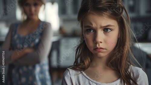 a stern-looking mother and her visibly upset daughter photo