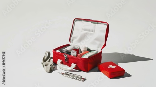 Red first aid kit open on a white background with bandages, medicine, and a thermometer laying next to it photo