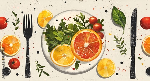 A vibrant and colorful illustration of a fresh salad plate featuring a variety of greens, sliced citrus fruits, and tomatoes, accompanied by a fork and knife. The arrangement is artistic 