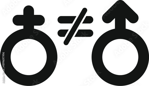 Black and white image showing the concept of gender inequality with male and female symbols separated by unequal sign