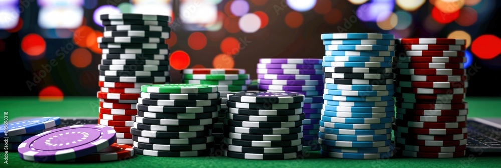 Colorful poker chips rise in stacks, illuminated by the vibrant lights of the bustling casino around them Colorful poker chips rise in stacks, illuminated by the vibrant lights of the bustling casino around them