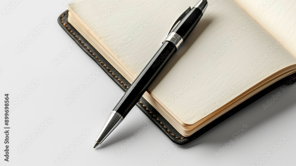 Elegant black pen is lying on a blank notebook with a black leather cover, suggesting the beginning of a new project Elegant black pen is lying on a blank notebook with a black leather cover, suggesting the beginning of a new project