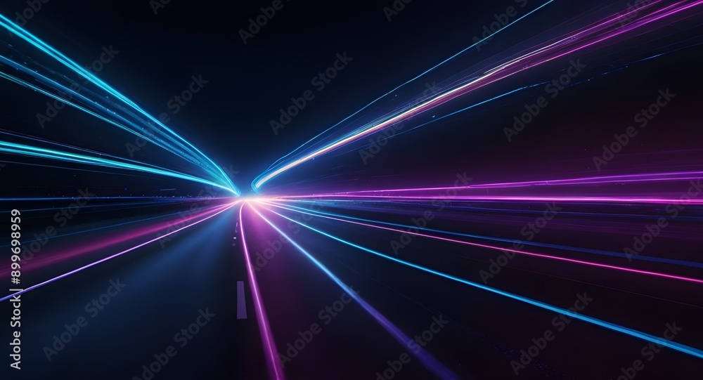 Panoramic high speed technology concept, light abstract background. Image of speed motion on the road. Abstract background in blue and purple neon glow colors. Panoramic high speed technology concept, light abstract background. Image of speed motion on the road. Abstract background in blue and purple neon glow colors.