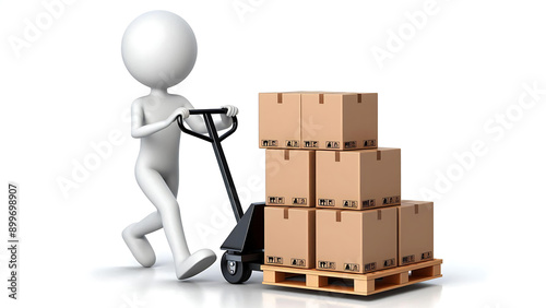3D Warehouse Worker Moving Boxes on Pallet Jack, Cartoon Character. Isolated on White Background.