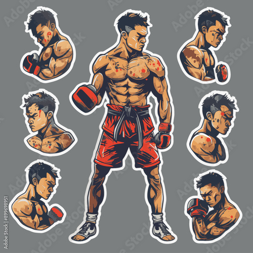 Thai Boxing, Muay Thai doodle vector sticker collection