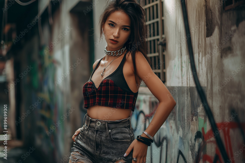 Naklejka premium Confident Asian Woman in Urban Alley Showcasing Edgy Street Style