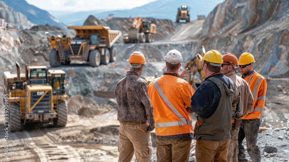 Team of Builders and Engineers Discussing Plans at Construction Site with Heavy Machinery in Background Team of Builders and Engineers Discussing Plans at Construction Site with Heavy Machinery in Background