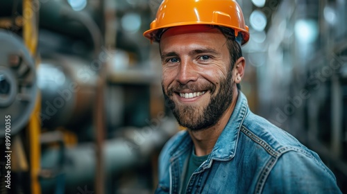 Confident Male Engineer in Hardhat Smiling Against Factory Background