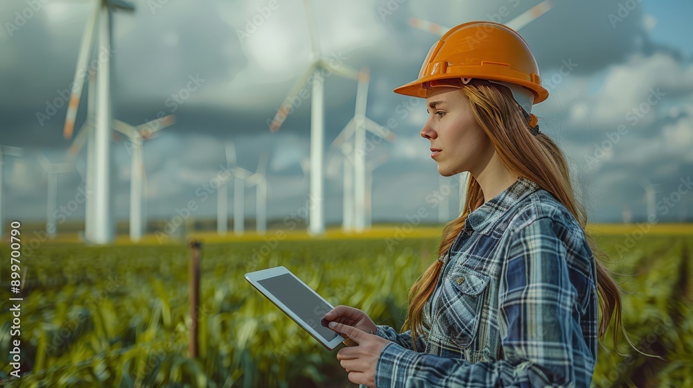Female Engineer Monitoring Wind Turbines with Digital Tablet at Wind Farm Female Engineer Monitoring Wind Turbines with Digital Tablet at Wind Farm