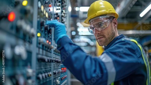 Industrial Engineer Conducting Control Panel Inspection at Power Plant in Safety Gear