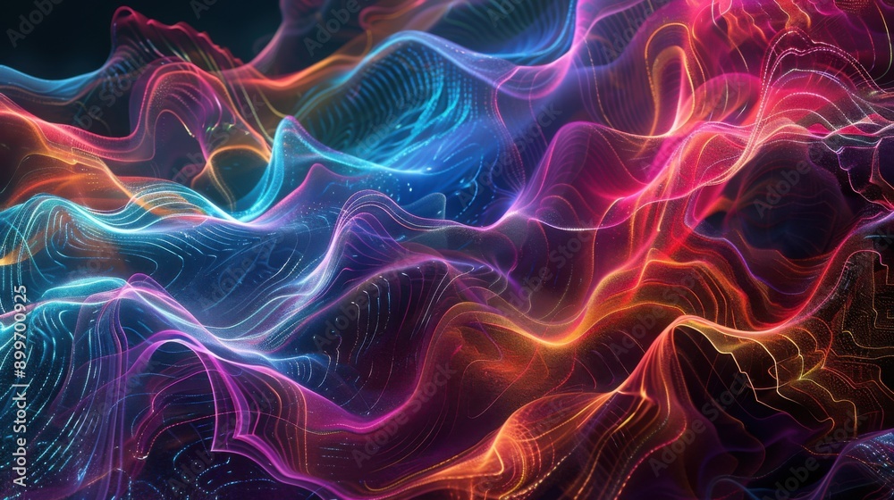 Obraz premium Futuristic Techno Vibes - Abstract Holographic Waves in Glowing Digital Painting