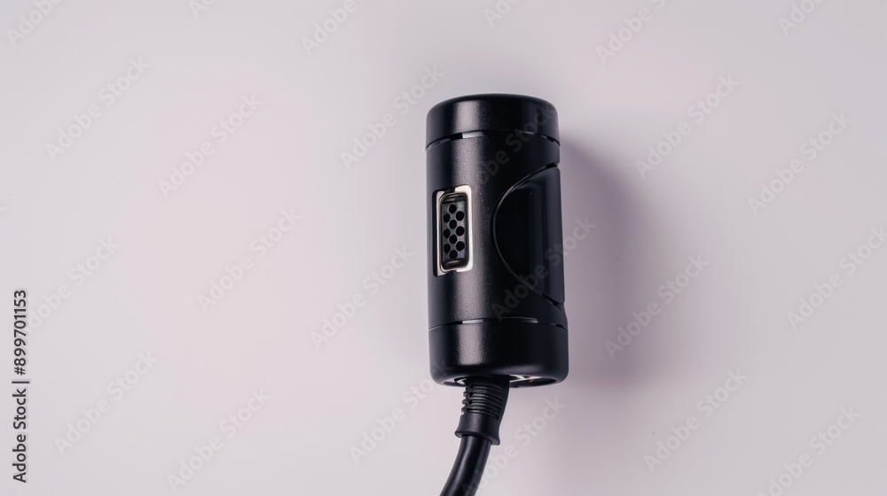 Black serial port adapter lying on a white background, showcasing its sleek design and connectivity options Black serial port adapter lying on a white background, showcasing its sleek design and connectivity options