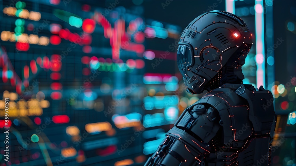 Futuristic Cyborg Analyzing Market Trends via AI Powered Analytics Dashboard Futuristic Cyborg Analyzing Market Trends via AI Powered Analytics Dashboard