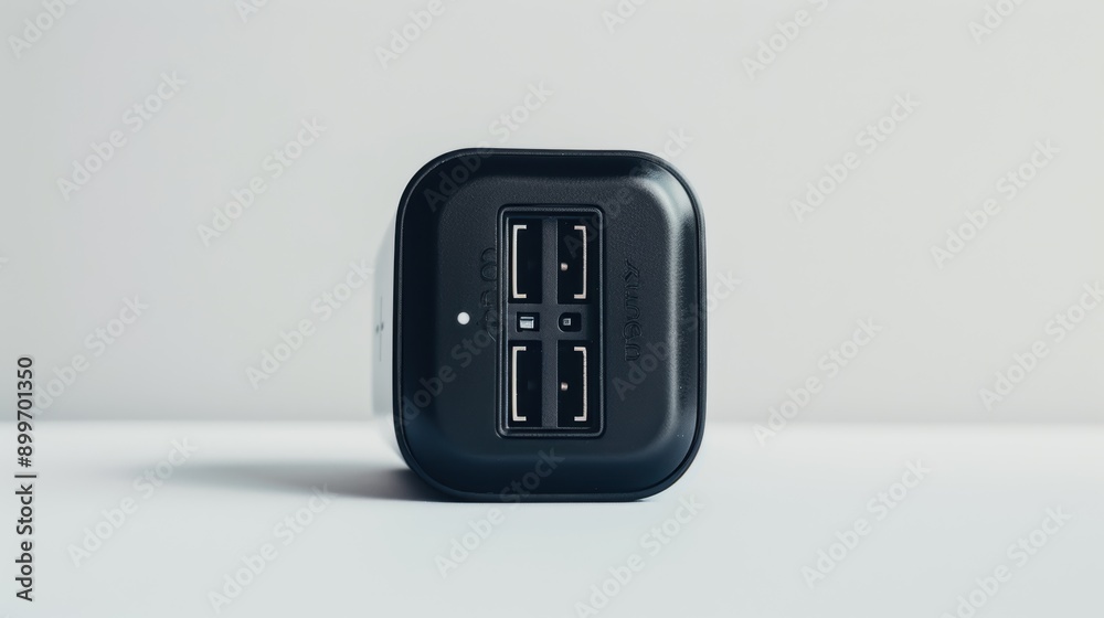 Close-up view of a black portable battery pack, highlighting its multiple charging ports, emphasizing its capability to power various devices on the go Close-up view of a black portable battery pack, highlighting its multiple charging ports, emphasizing its capability to power various devices on the go