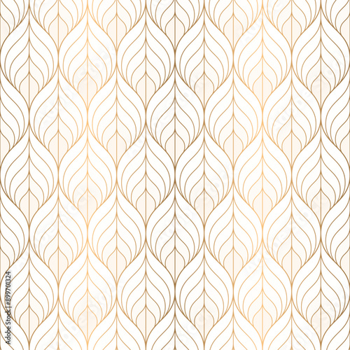 Art deco leaf, ornamental seamless ogee pattern with golden wavy line. Luxury geometric repeat background vector.