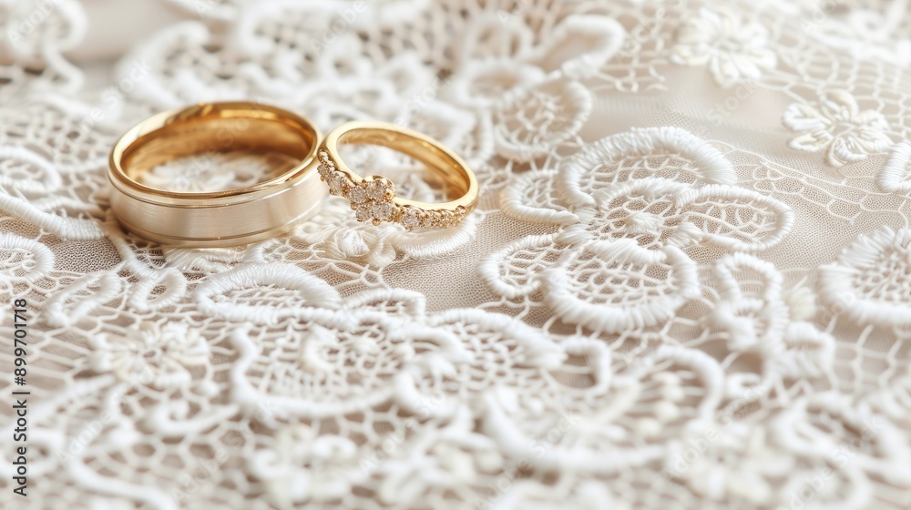 Delicate gold wedding bands are placed on luxurious lace, symbolizing love and commitment during a special moment