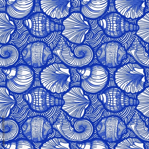 Azure blue white shell motif with linen seamless batik background, Modern coastal beach cottage rustic shell block print home decor pattern design in sealife beach style.
