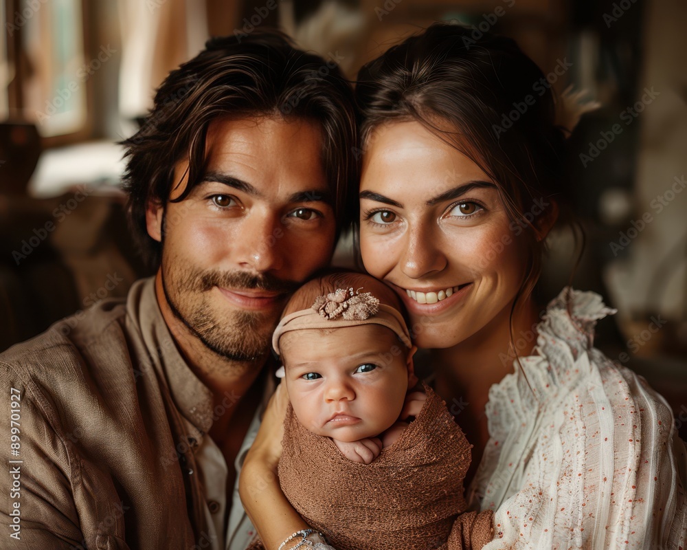 Blissful Family Moment: Newborn Baby Girl with Loving Parents Smiling Together Blissful Family Moment: Newborn Baby Girl with Loving Parents Smiling Together