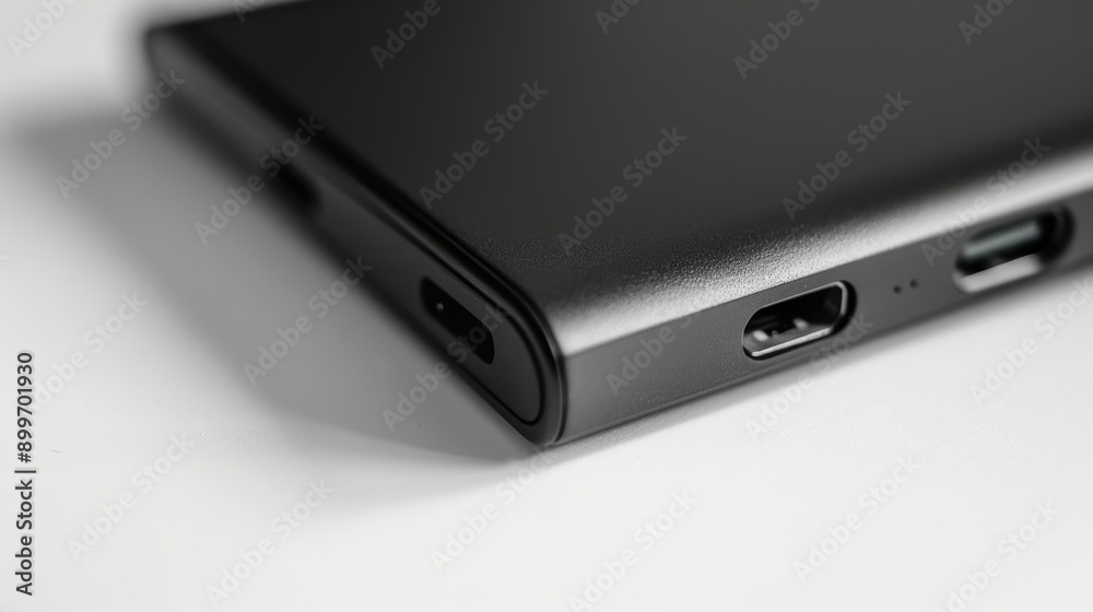Close-up of a modern smartphone showing different charging and connection ports on a white background Close-up of a modern smartphone showing different charging and connection ports on a white background