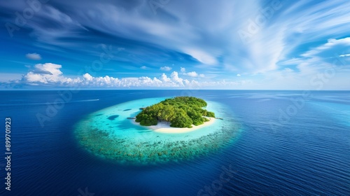 Top view of a small private island in the middle of the blue ocean.