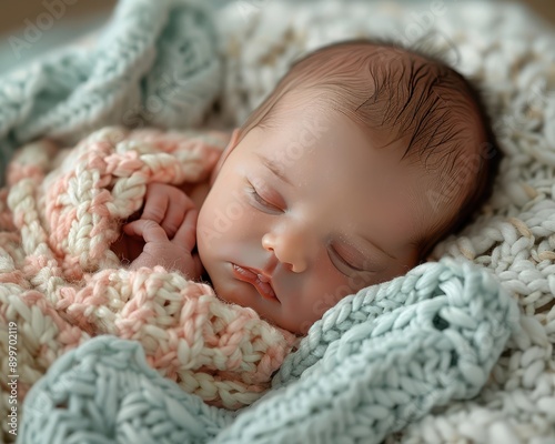 Innocent Slumber - Newborn Baby Girl Dreaming in Pastel-Colored Blanket in Hospital Bassinet photo