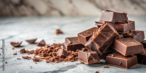 Close-up of decadent chocolate chunks on a marble countertop, indulgent, gourmet, delicious, sweet, brown, dessert, cocoa photo