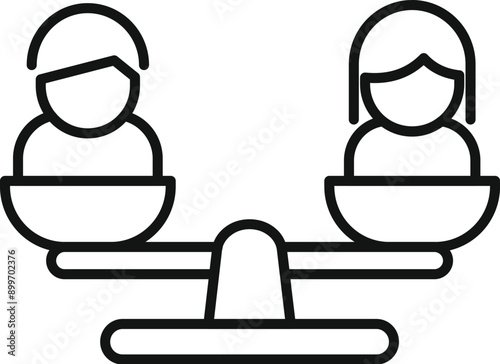 Line drawing of a man and a woman balancing on a scale, representing the concept of gender equality