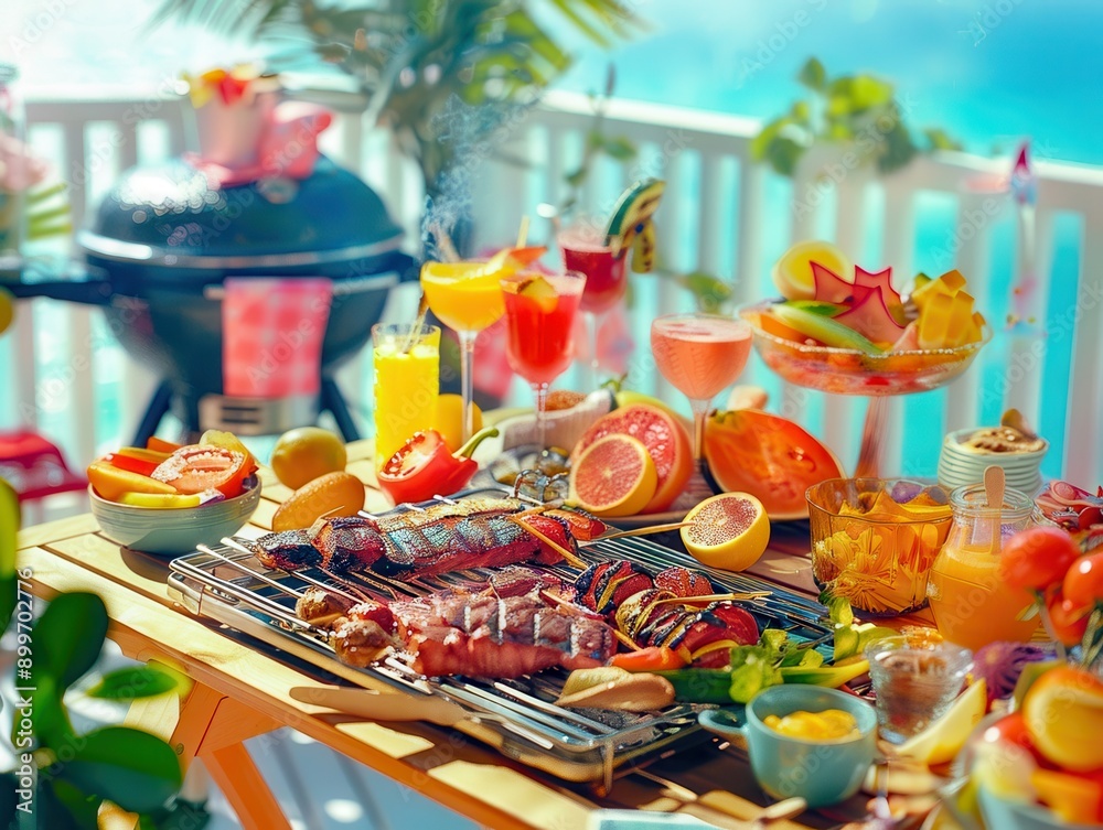 Sunny terrace barbecue with vibrant food, a sizzling grill, and a cheerful outdoor setting. Sunny terrace barbecue with vibrant food, a sizzling grill, and a cheerful outdoor setting.
