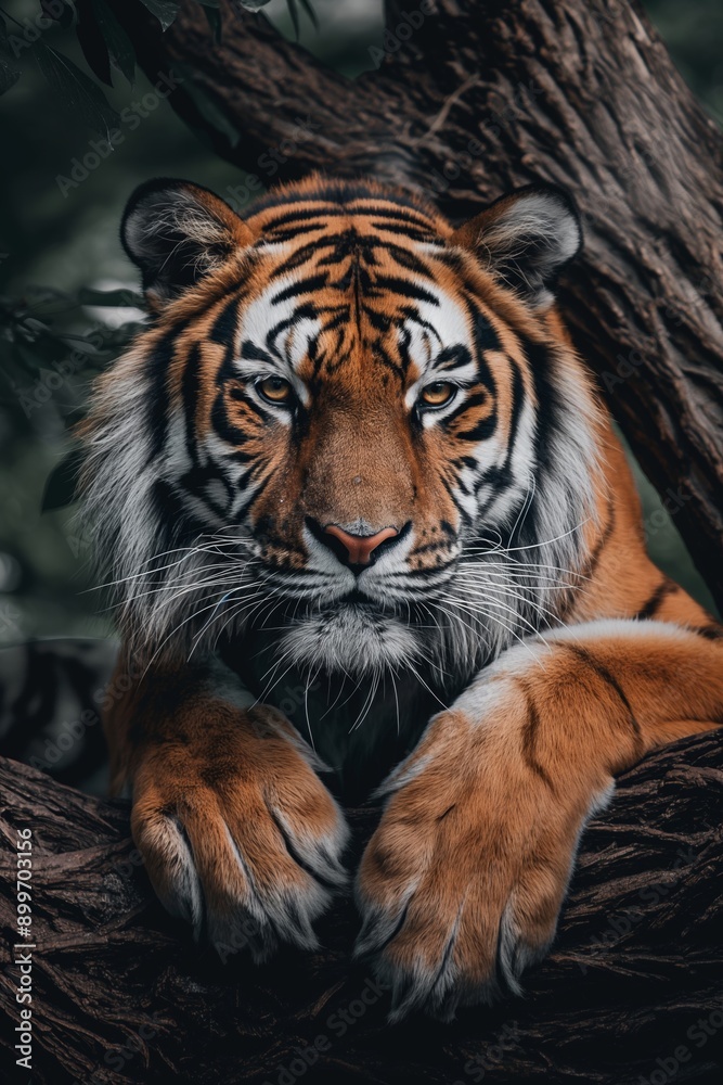 Fototapeta premium A fierce yet tranquil tiger rests its head and paws on a tree, capturing the powerful yet peaceful nature of the animal.