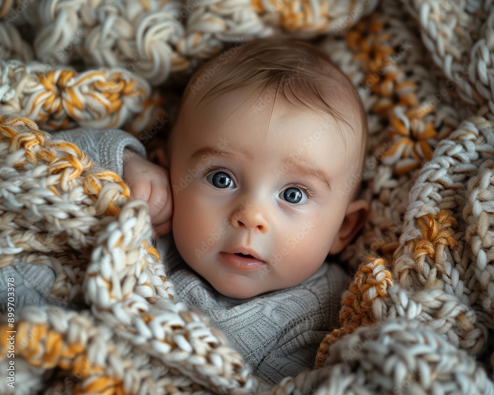 Sweet Newborn Baby Boy with Bright Eyes and Curious Expression Lying on Cozy Blankets Sweet Newborn Baby Boy with Bright Eyes and Curious Expression Lying on Cozy Blankets