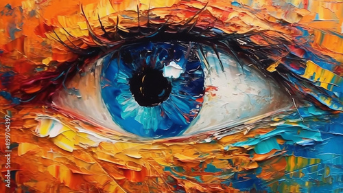 oil painting. Conceptual abstract picture of the eye. Oil painting in colorful colors. Conceptual abstract closeup of an oil painting and palette knife on canvas, Generative AI.