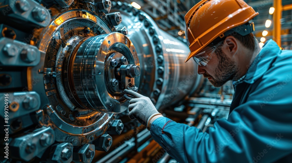 Skilled Technician Fine-Tuning Industrial Pump in Gas Refinery with Machinery Details