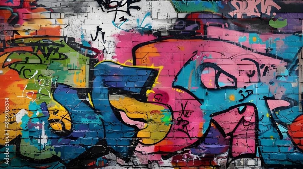 Fototapeta premium A colorful graffiti wall featuring bold splashes of blue, pink, and yellow on a textured urban background.