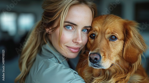 portrait of young woman with her beloved dog,Golden Retriever Breeds,  concept of love and care for pets photo