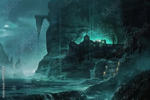 Mysterious castle hidden in a dark cavern with glowing green light