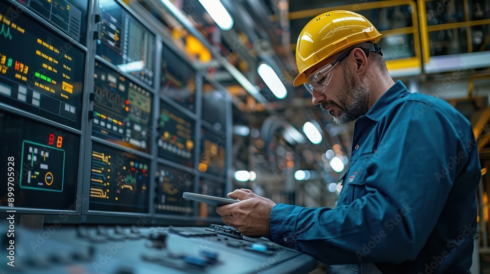 Male Engineer Monitoring System Operations in Refinery Control Room with Digital Displays Male Engineer Monitoring System Operations in Refinery Control Room with Digital Displays
