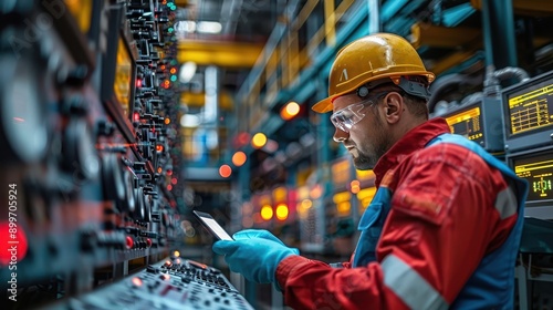 Modern Male Engineer Monitoring System Operations in Refinery Control Room with Digital Displays